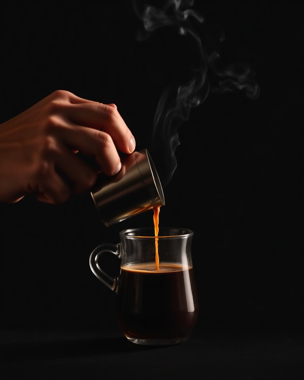 Hands pouring coffee against a dark background