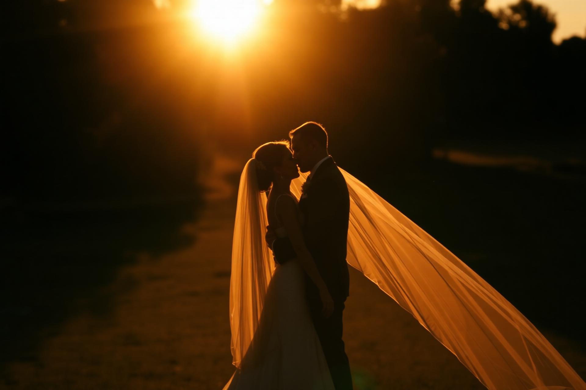 Couple silhouetted against a golden sunset on their wedding day